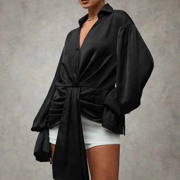 Black Elegant Women's Asymmetric Cross Wrap Puff Sleeve Shirt - Picture 3 of 6